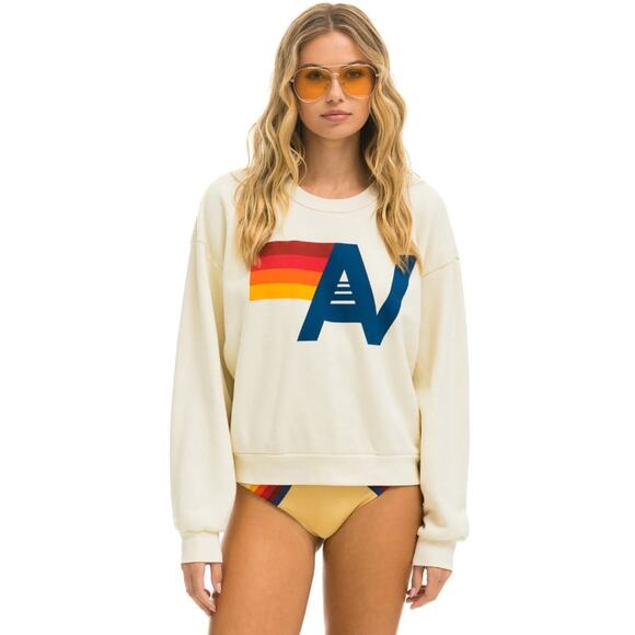 AVIATOR NATION Logo Relaxed Crew Sweatshirt Vintage White Long Sleeve Women's S - Picture 1 of 10